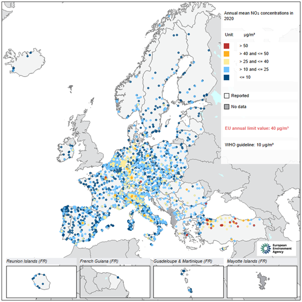 Weergave van concentraties stikstofdioxide in Europese landen dmv een kaart