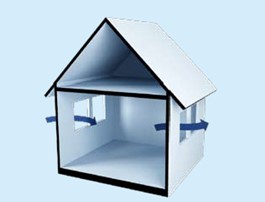 3D doorsnede van gebouw met pijlen door de ramen die ventielatiestroom voorstellen