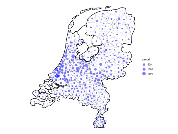 In de afbeelding van de kaart van Nederland is te zien in welke gemeenten er meer deelnemers zijn aan het VASCO-onderzoek. Hoe groter de blauwe stip hoe meer mensen uit die gemeente meedoen.