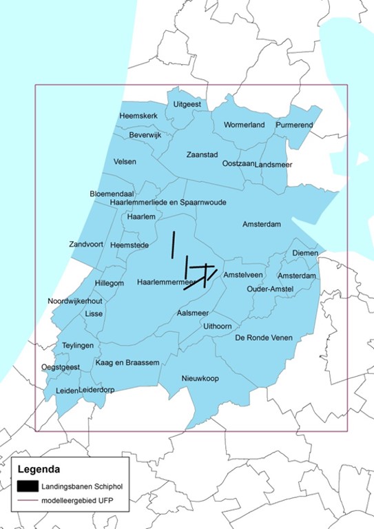 Gemeenten die binnen het onderzoeksgebied vallen van de studie naar lange termijn blootstelling aan ultrafijnstof rondom Schiphol