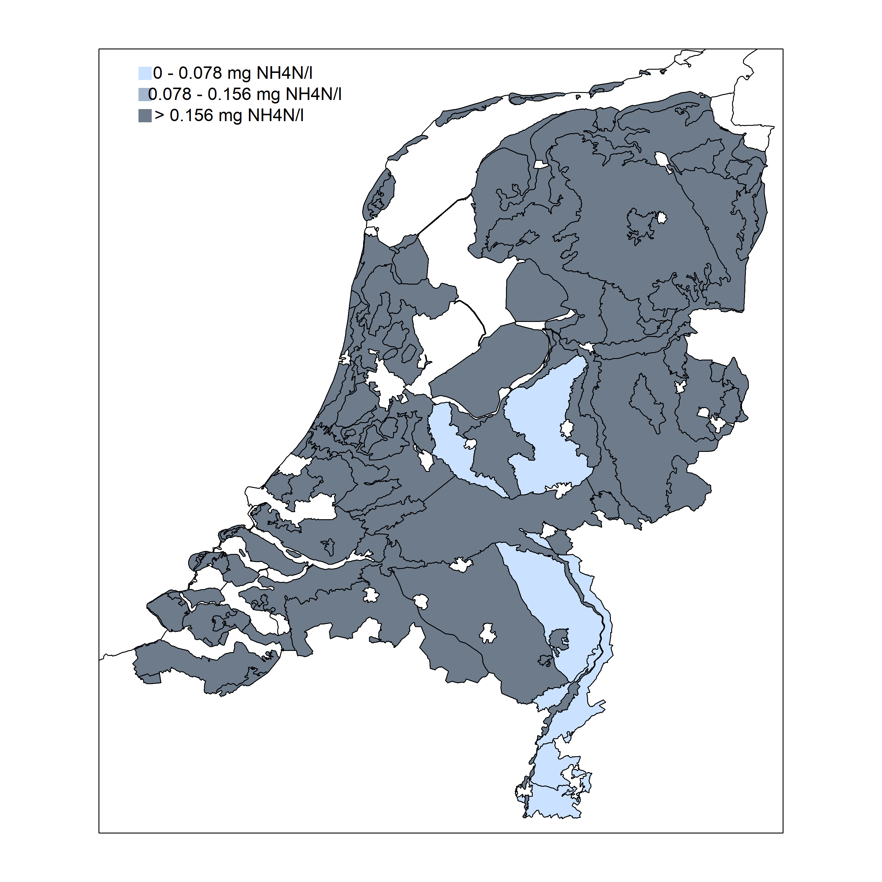 Kaart van Nederland met mediane ammoniumconcentratie per gebied in het ondiepe grondwater in ecodistrictgebieden in de periode 2015-2018