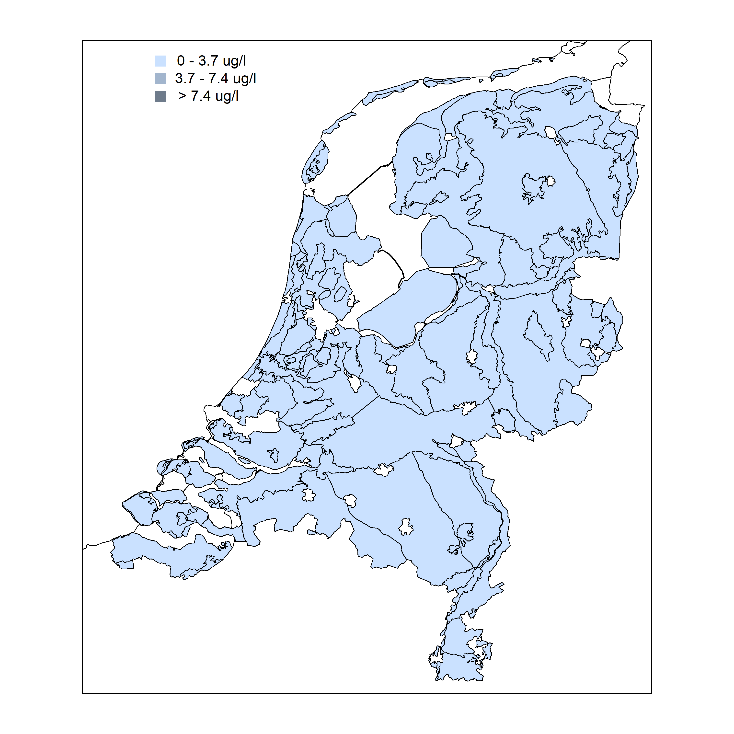 Kaart van Nederland met mediane loodconcentratie per gebied in het ondiepe grondwater in ecodistrictgebieden in de periode 2015-2018