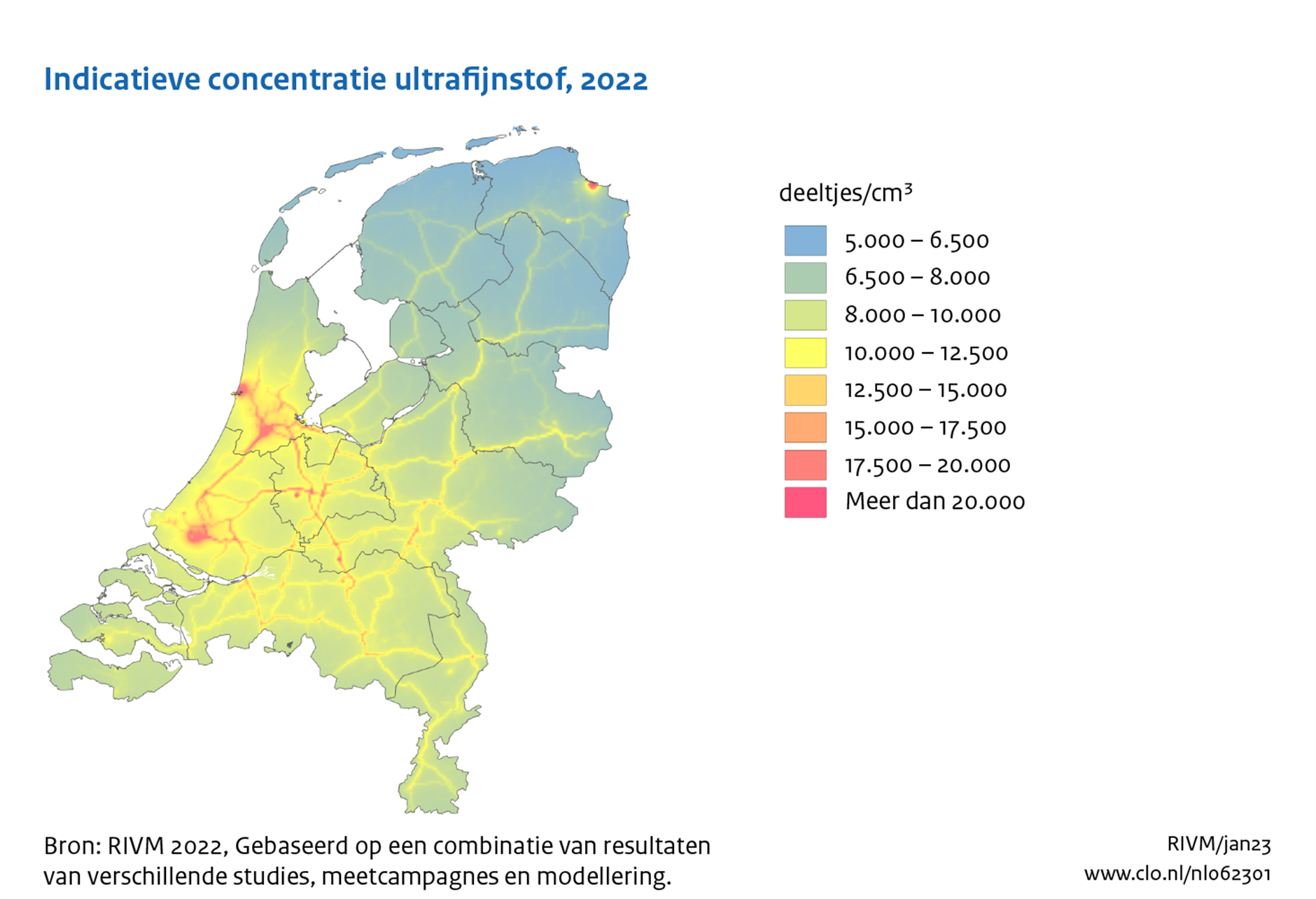kaart van Nederland met indicatie concentratie ultrafijn stof