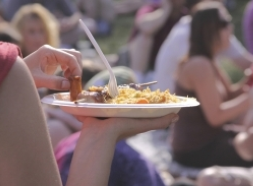 vrouw eet bbq maaltijd van plastic bord in open lucht