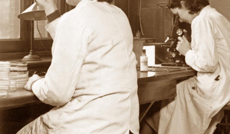 Laboratory researchers working on diphtheria 1950